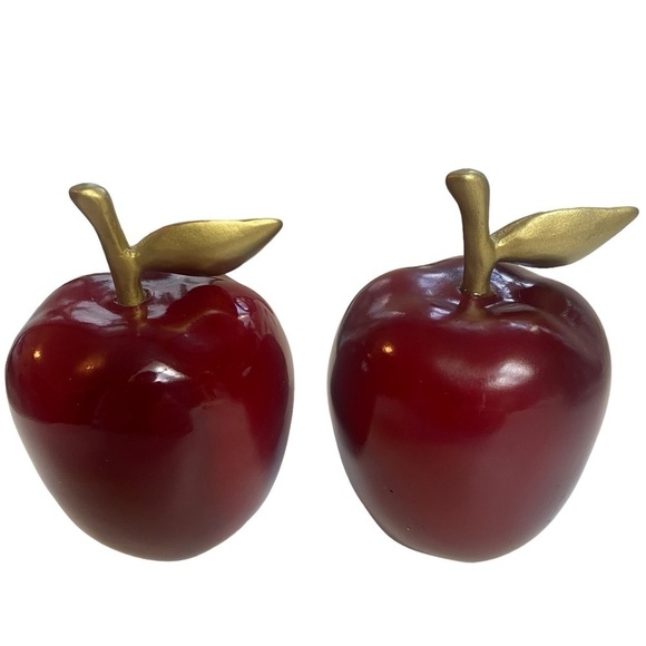 Wooden Red Apple Brass leaf Paperweight Home Decor - Set of two - Picture 2 of 8